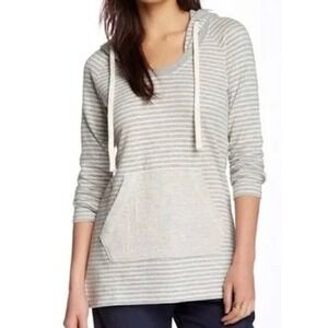 Standard James Perse Women Grey White Striped Cotton Hoodie Scoop Neck 1